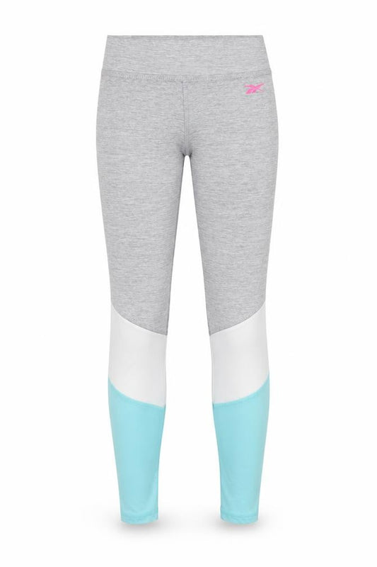 Front view of Reebok women’s grey colourblock polyester compression leggings, size UK 8, 24-inch leg regular