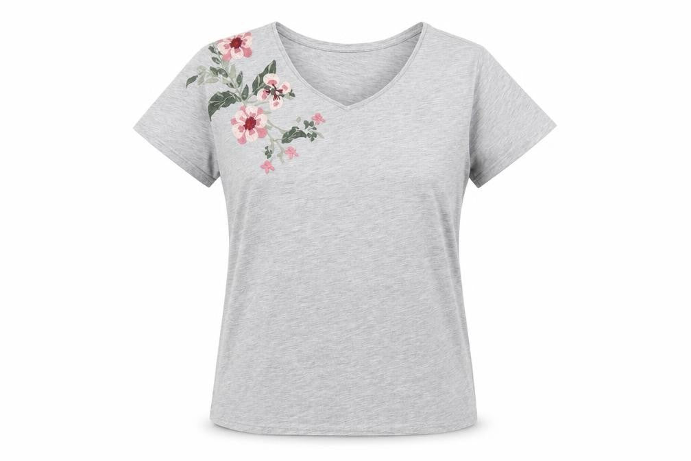 Front view of Soaked in Luxury women’s grey polyester basic t-shirt, size S, v-neck