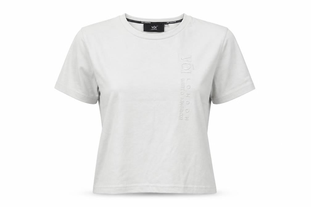Front view of Voi women’s grey cotton basic t-shirt, size M, crew neck