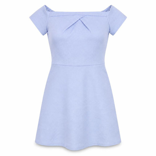 Front view of Love women’s blue polyester fit & flare, size S, off the shoulder zip