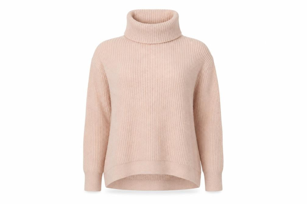 Front view of New Look women’s pink roll neck acrylic jumper, size M