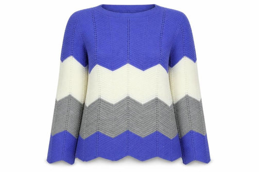 Front view of CHIC women’s multicoloured round neck striped acrylic jumper, size S