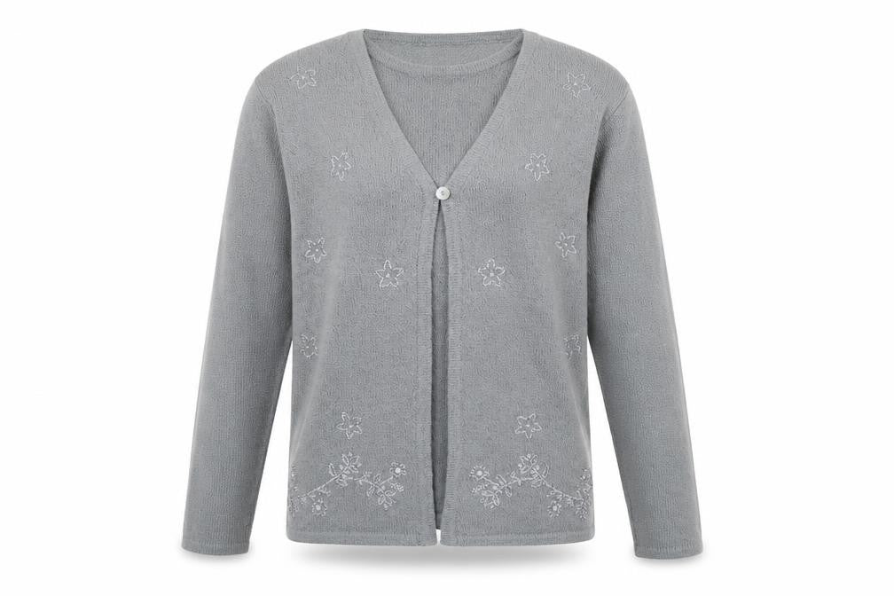 Bonmarché Womens Grey Round Neck Geometric Polyester Cardigan Jumper Size M   - Two Layers