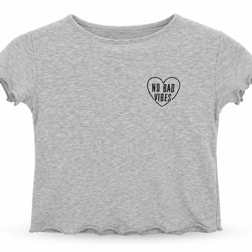 Denim Co Girls Grey  Cotton Basic T-Shirt Size 10-11 Years Crew Neck Pullover - No Bad Vibes