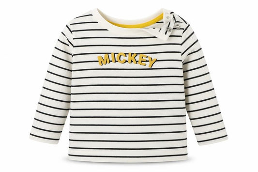 Front view of F&F Baby White Striped Cotton Basic T-Shirt, size 3-6, Months Crew Neck Pullover - Mickey