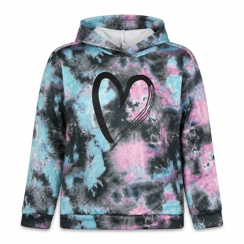 Front view of SHEIN girls’ grey polyester pullover hoodie, size 11-12, years pullover - heart blue pink abstract