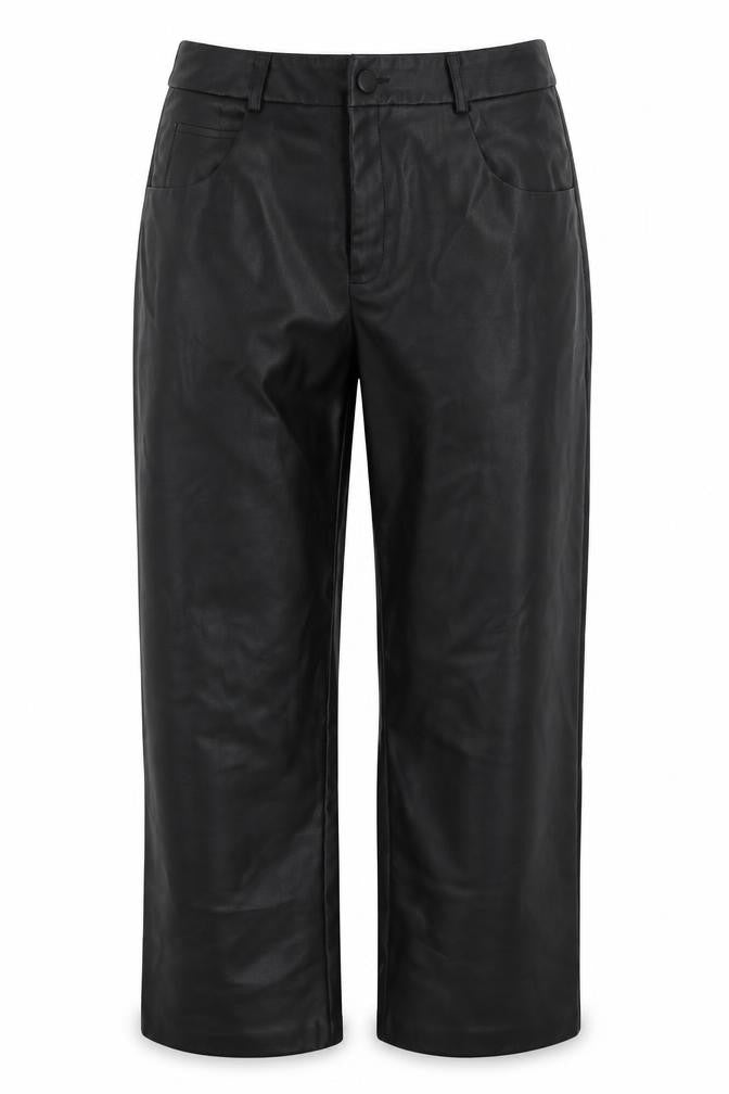 Front view of La Redoute women’s black polyurethane trousers, size UK 14, 25-inch leg regular button