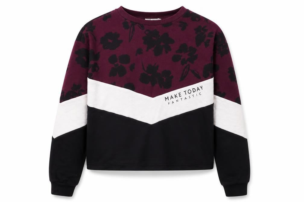 Front view of H&M girls’ multicoloured colourblock cotton pullover sweatshirt, size 12-13, years