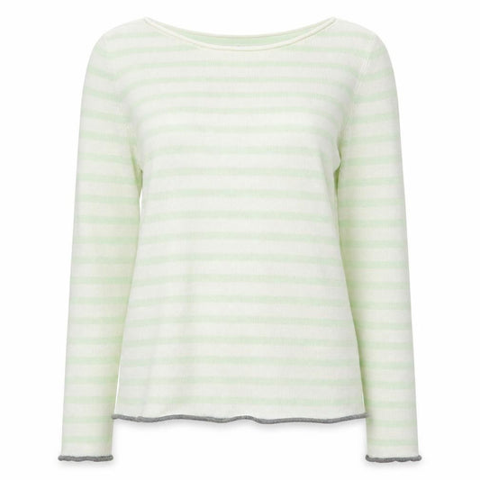 Front view of Gap women’s green round neck striped cotton jumper, size S