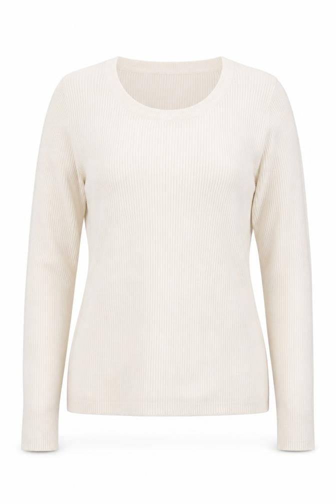 Front view of Primark women’s beige round neck viscose jumper, size UK 18