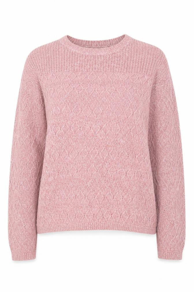 Front view of Isle Essentials women’s pink round neck acrylic jumper, size UK 10