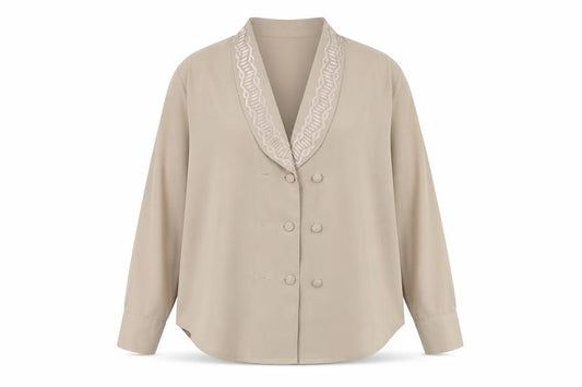 Front view of Heather Valley women’s brown polyester basic blouse, size UK 12, collared