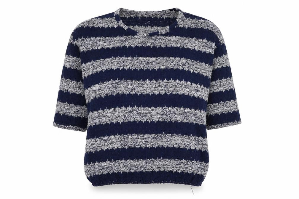 Front view of Red Herring women’s blue round neck striped polyester jumper, size UK 12