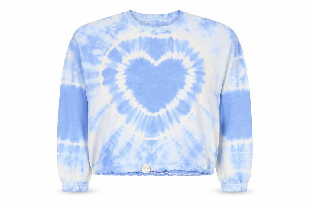 Front view of New Look girls’ blue geometric polyester pullover sweatshirt, size 14-15, years pullover - heart