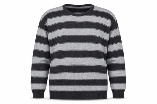 Front view of Littlewoods women’s grey round neck striped acrylic jumper, size UK 14