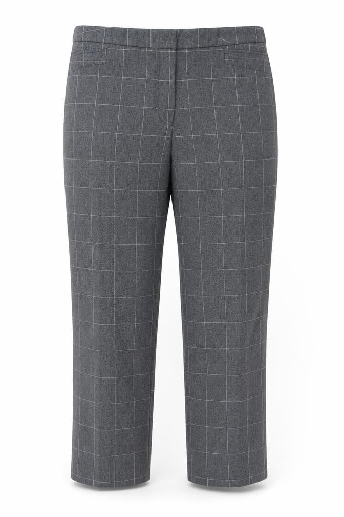Front view of Gerard women’s grey check polyester trousers, size UK 12, 28-inch leg regular