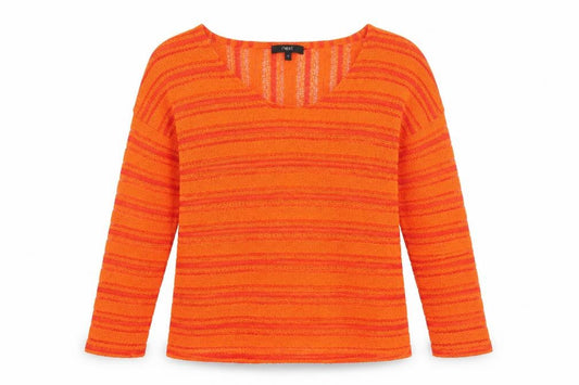Front view of Next women’s orange scoop neck striped polyester jumper, size UK 6, - sheer