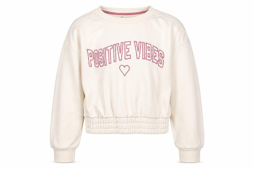 Front view of Primark girls’ beige cotton pullover sweatshirt, size 7-8, years - positive vibes