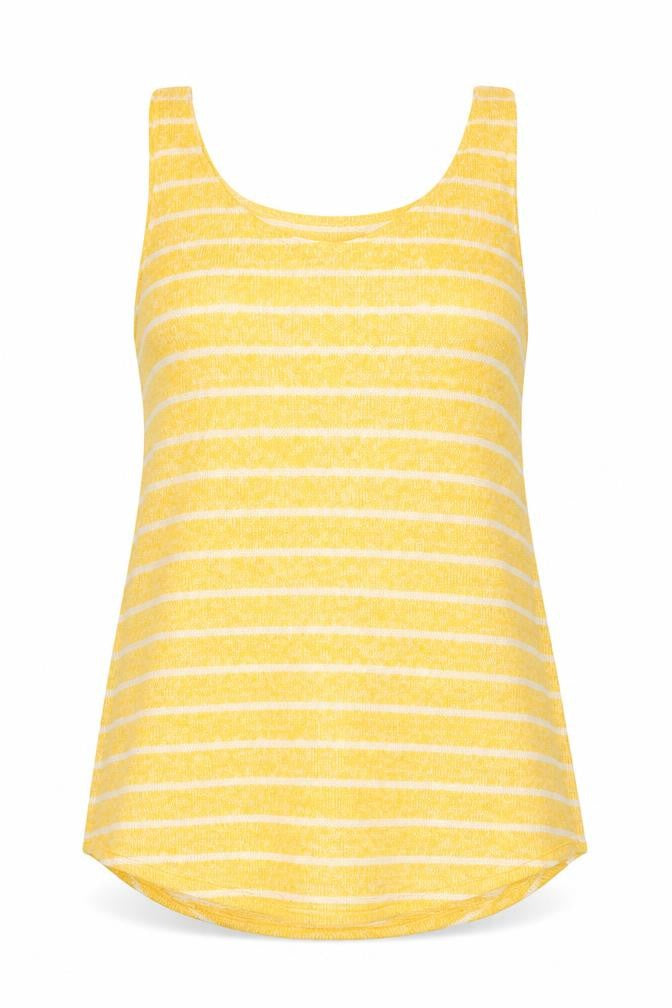 Front view of Next women’s yellow striped viscose basic tank, size UK 10, round neck