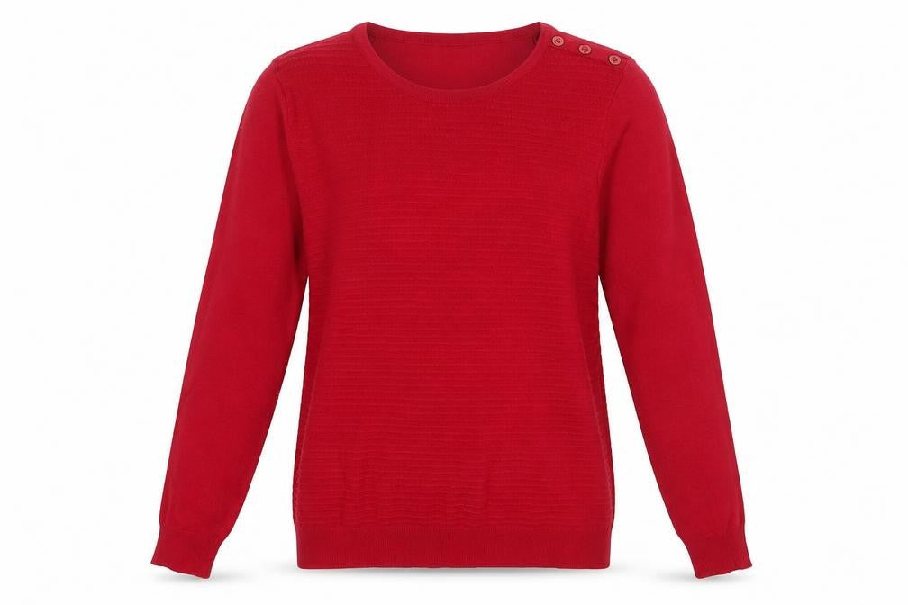 Front view of Spirit women’s pink round neck viscose jumper, size UK 10