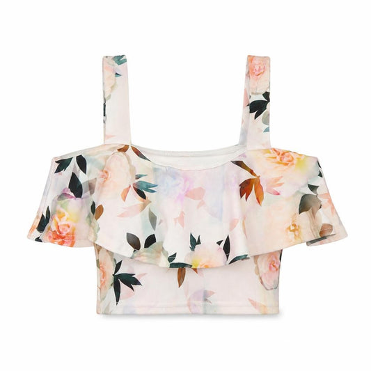 Front view of New Look women’s pink floral polyester basic t-shirt, size UK 6, square neck