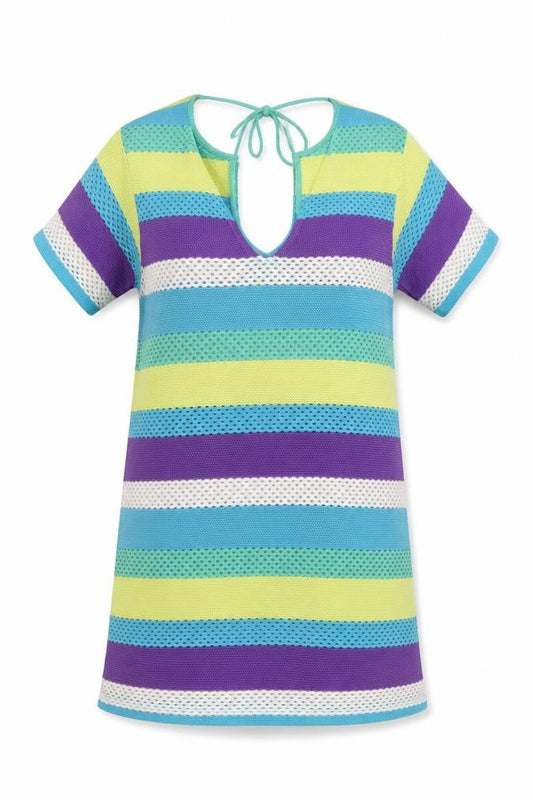 Front view of Next women’s multicoloured striped polyester a-line, size M, v-neck - beachwear
