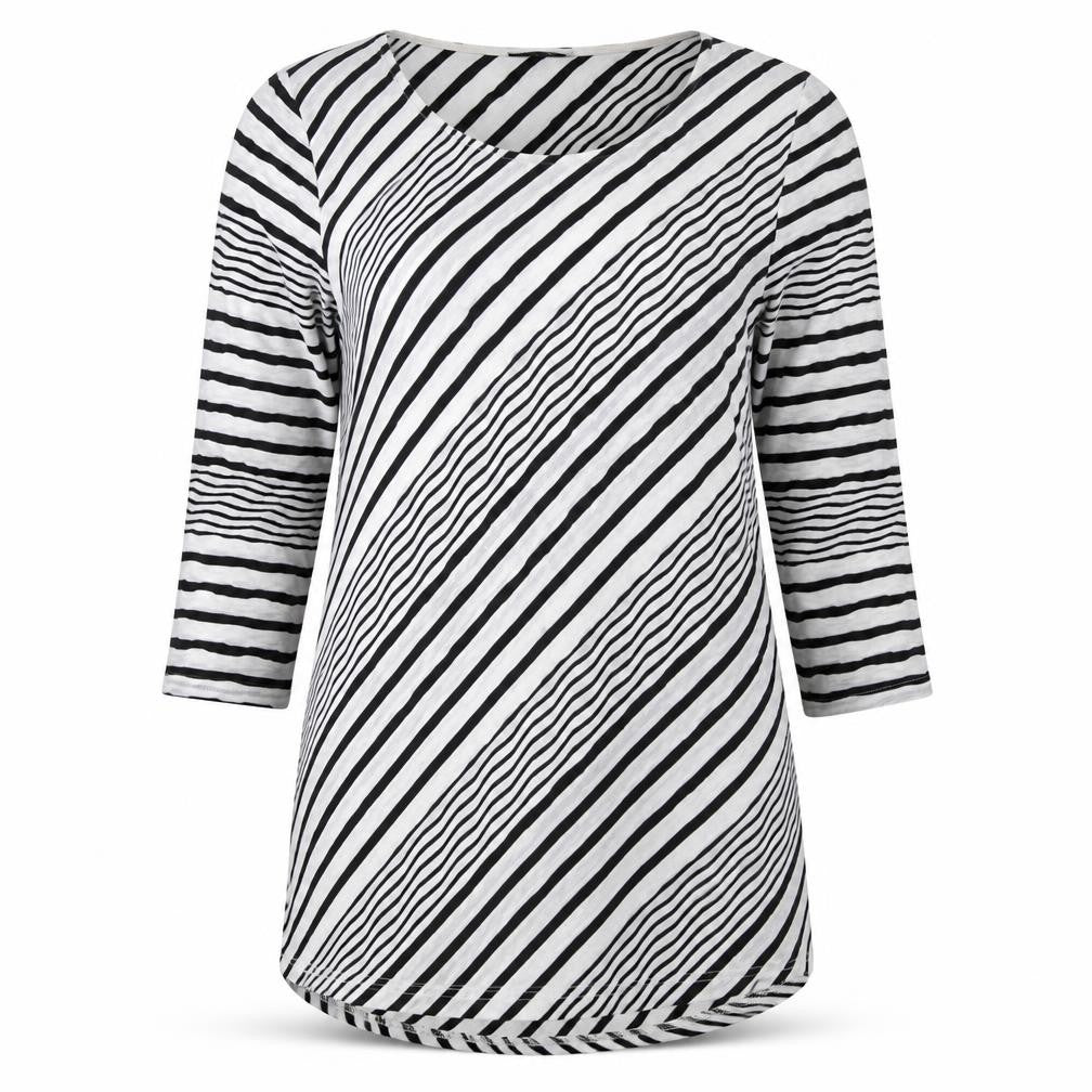 Front view of Soon women’s white striped polyester basic t-shirt, size UK 14, round neck - black and white