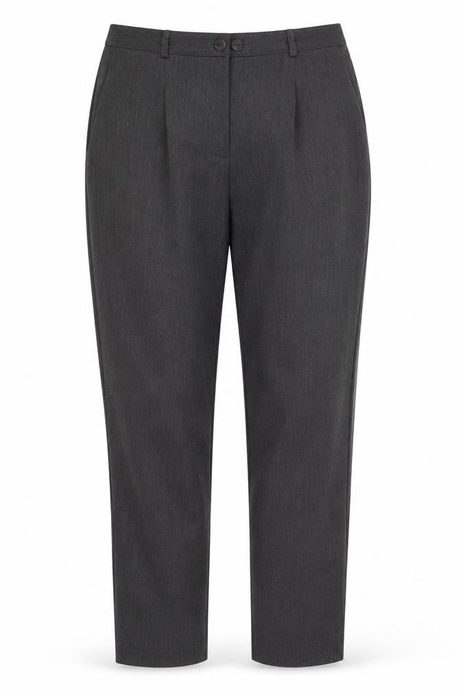 Front view of Bassini women’s grey polyester trousers, size UK 12, 27-inch leg regular button