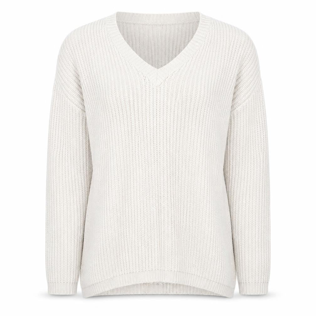 Front view of Papaya women’s beige v-neck acrylic jumper, size M