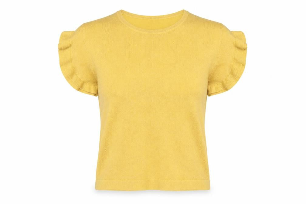 Front view of Next women’s yellow round neck viscose jumper, size UK 12