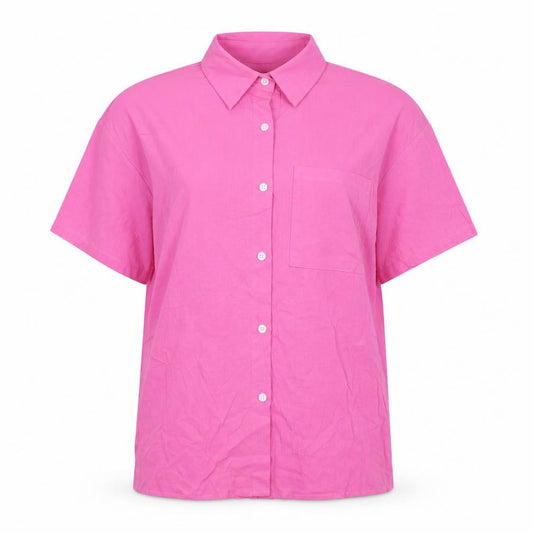 Front view of SHEIN women’s pink polyester basic button-up, size UK 6, collared