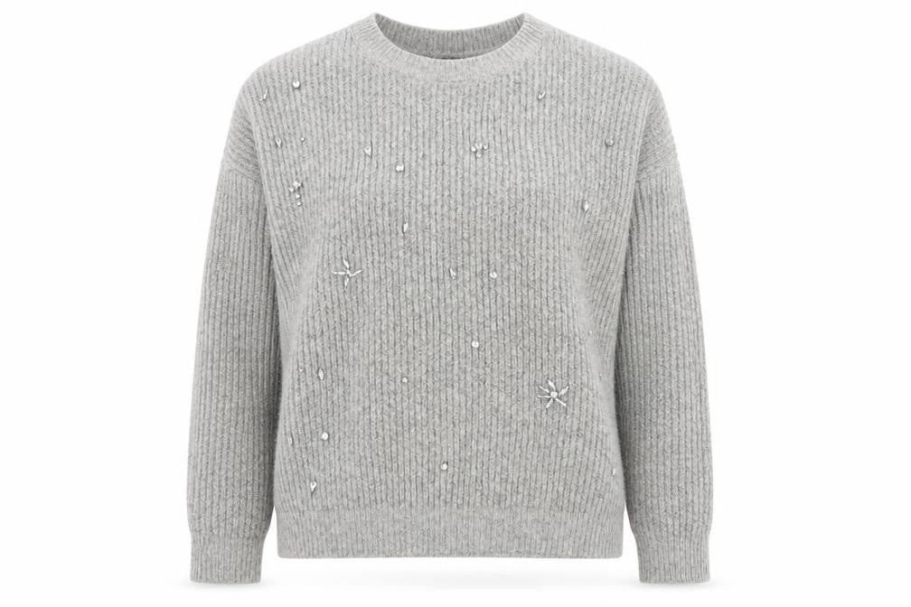 Front view of Primark women’s grey round neck acrylic jumper, size UK 10