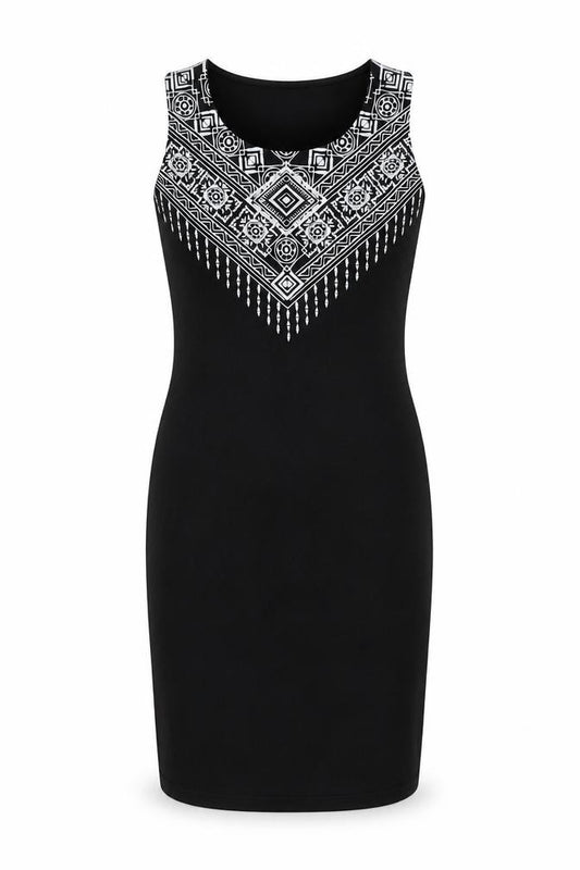 Front view of Amisu women’s black geometric polyester tank dress, size UK 10, round neck pullover