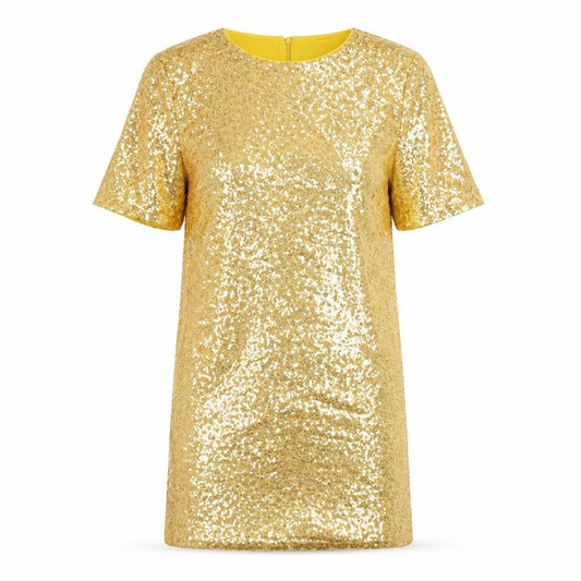 Front view of Glamorous women’s gold polyester shift, size S, round neck zip