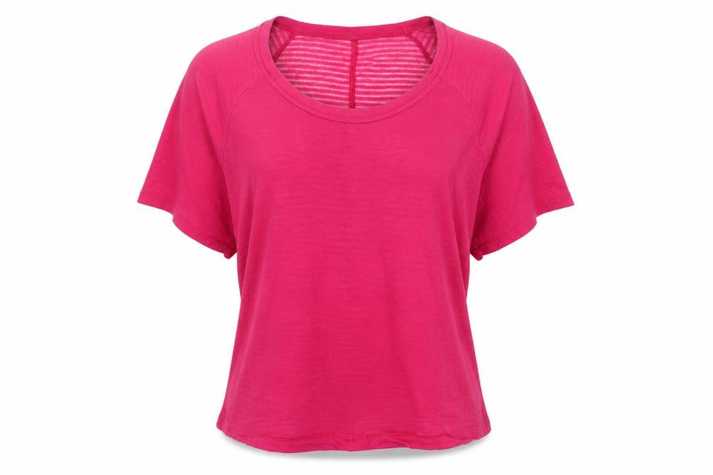 Front view of internacionate women’s pink round neck polyester jumper, size UK 8