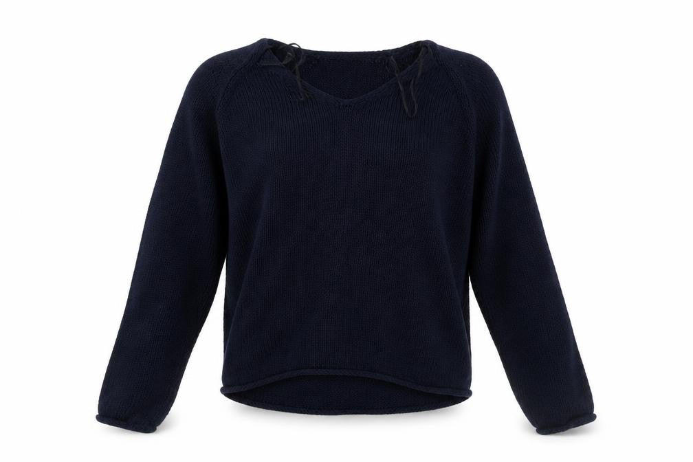 Front view of H&M women’s blue round neck acrylic jumper, size S