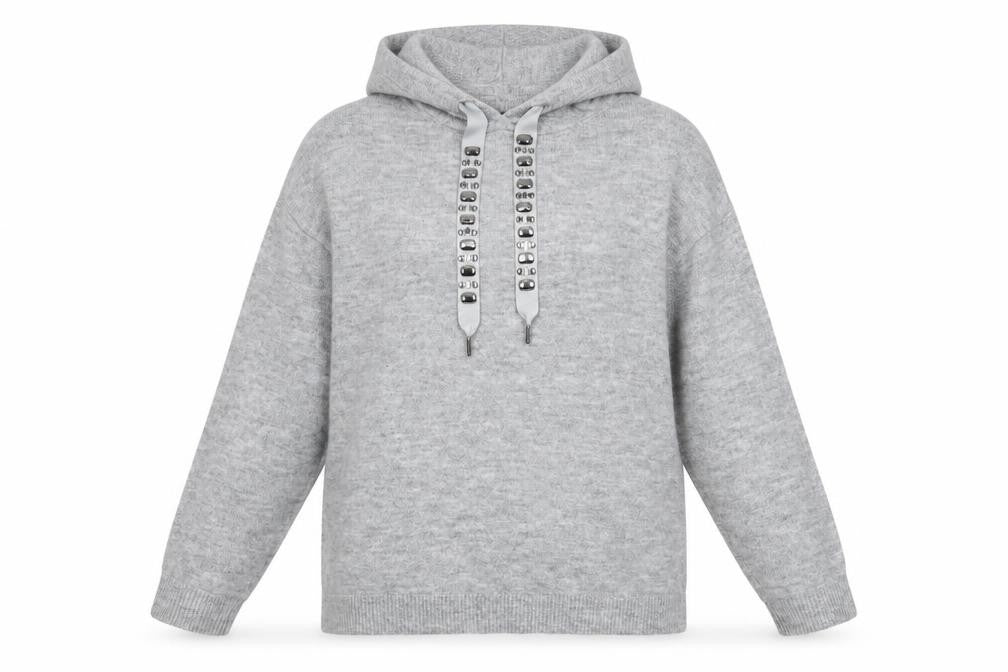 Front view of Dunnes women’s grey acrylic pullover hoodie, size M, pullover