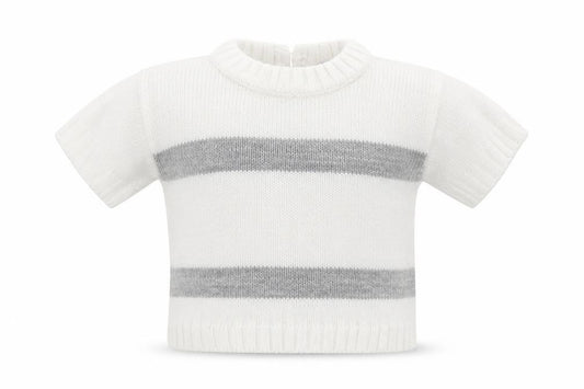 Front view of Dandelion Baby White Striped Acrylic jumper, size 6-9, Months Button - Boat