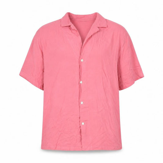 Front view of ASOS men’s pink viscose button-up, size S, button