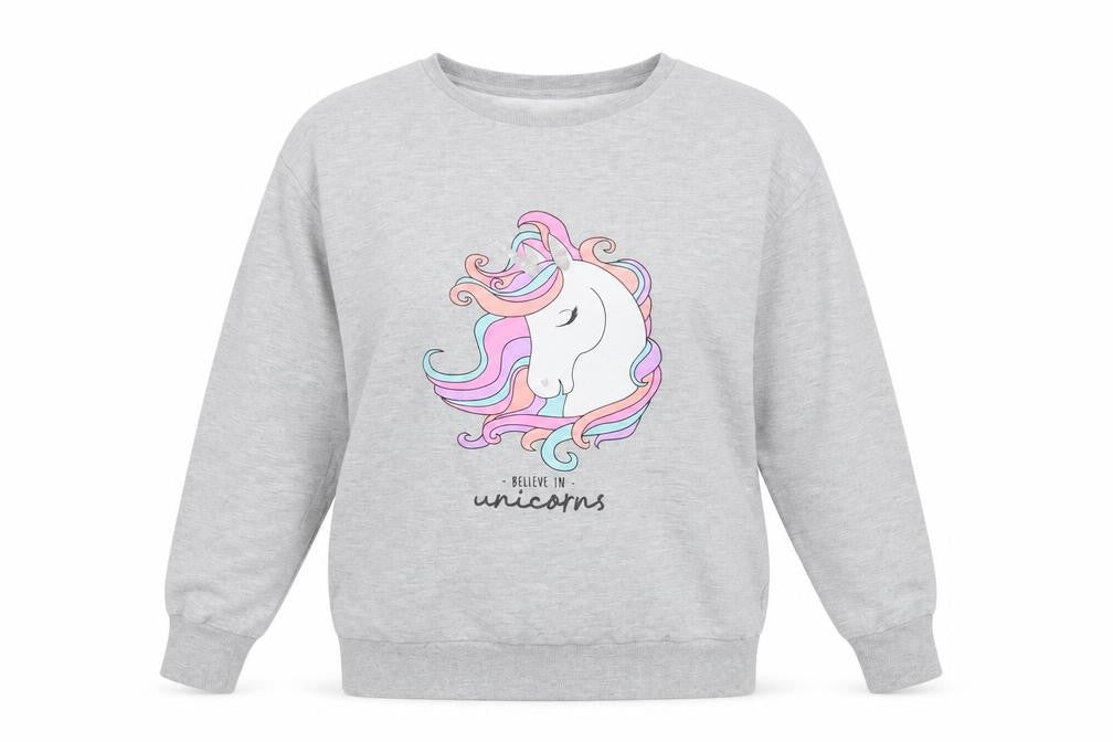 Front view of Dunnes women’s grey cotton pullover sweatshirt, size UK 10, pullover - unicorn