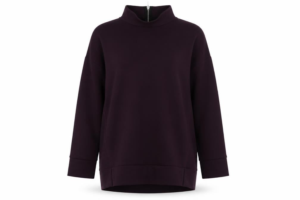 Front view of Next women’s purple polyester tunic sweatshirt, size UK 12, zip
