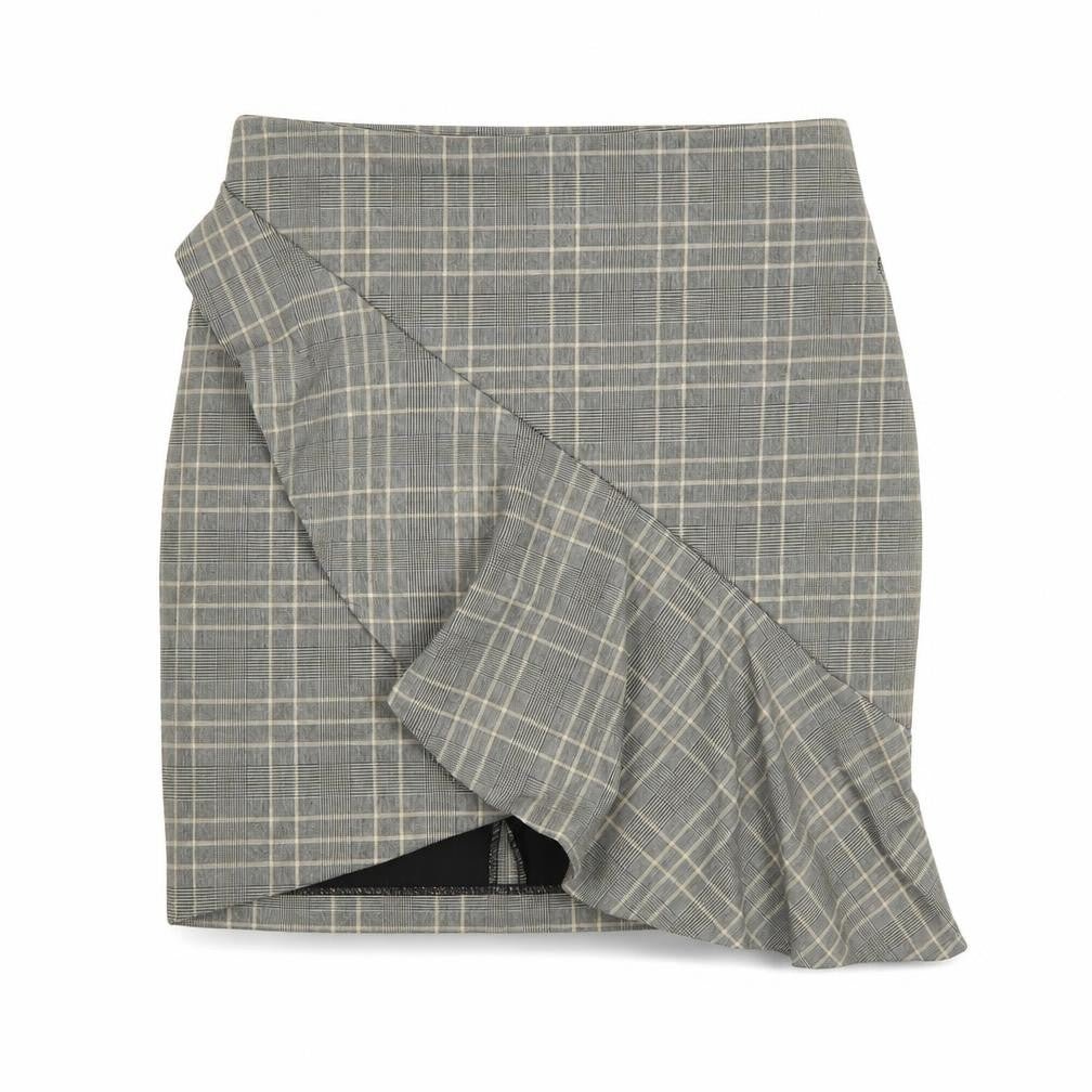 Front view of H&M women’s grey plaid polyester mini skirt, size UK 8, zip