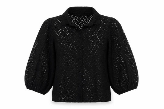 Front view of Savida women’s black polyester basic button-up, size L, collared