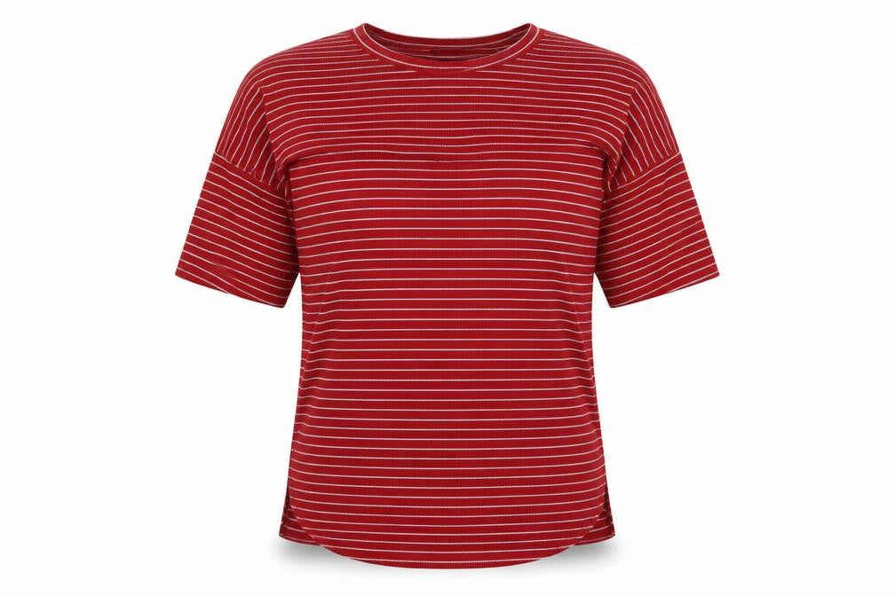 Front view of Boohoo women’s red striped polyester basic t-shirt, size UK 10, round neck