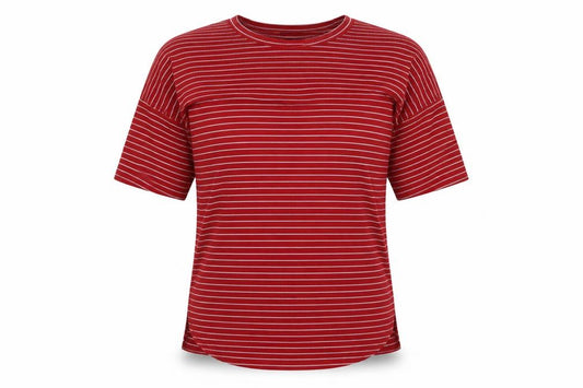 Front view of Boohoo women’s red striped polyester basic t-shirt, size UK 10, round neck