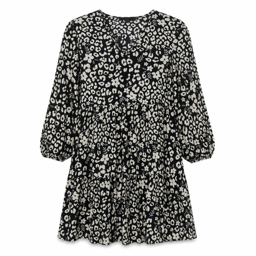 Primark Womens Black Geometric Polyester Skater Dress  Size 4  V-Neck