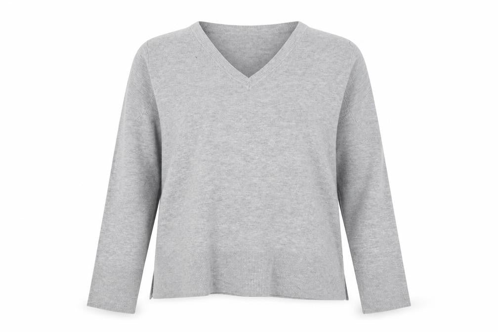 Front view of Primark women’s grey v-neck viscose jumper, size M
