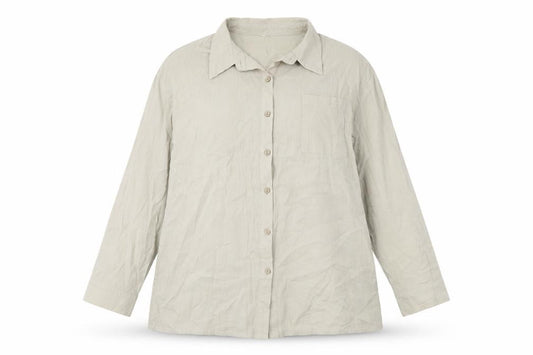 Front view of SHEIN women’s beige polyester basic button-up, size M, collared