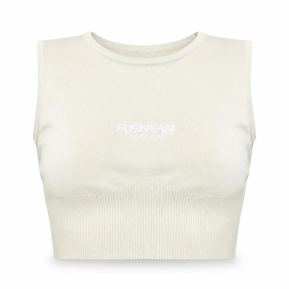 Front view of PRETTYLITTLETHING women’s beige polyester cropped tank, size L, crew neck - renew plt