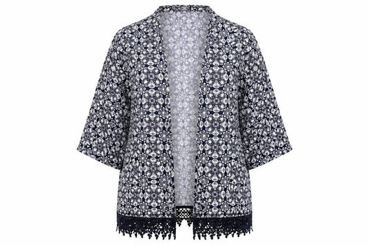 Front view of New Look women’s blue geometric jacket, size UK 14
